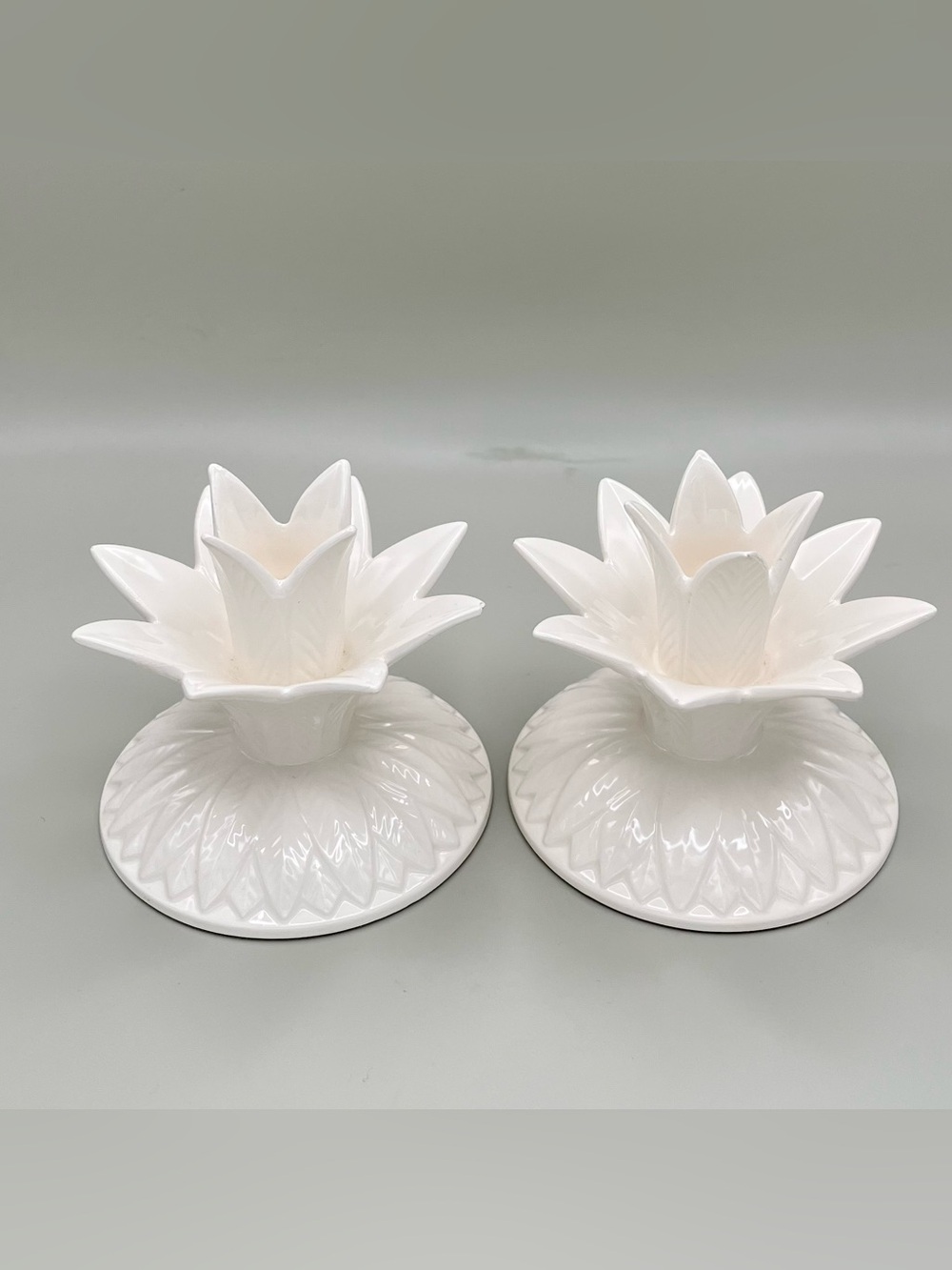 VTG Fitz & Floyd 1976 White Ceramic Lotus Flower Candle Holders Hollywood Lily